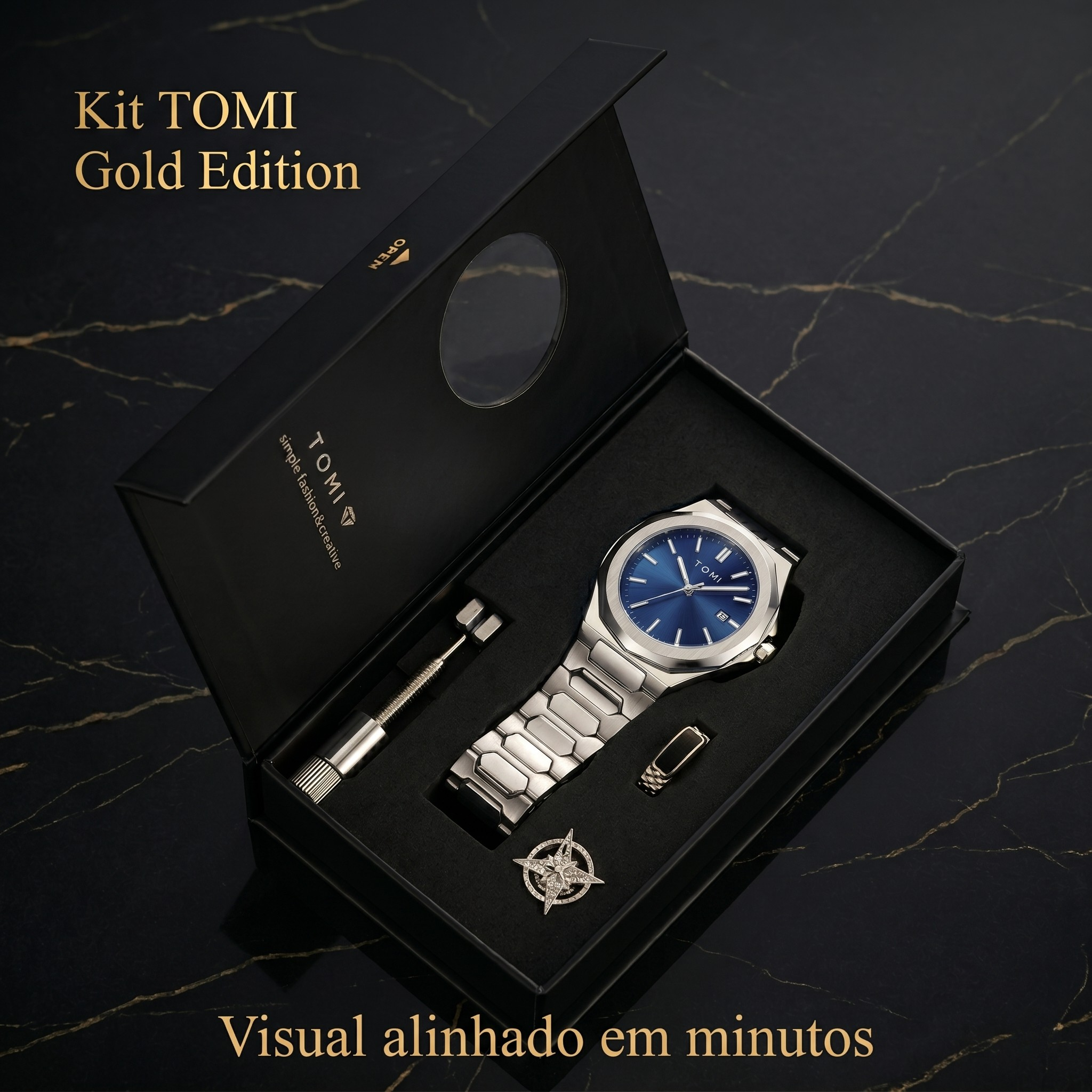 Kit TOMI Gold Edition - Relógio + Acessórios para um Visual que Impõe Presença