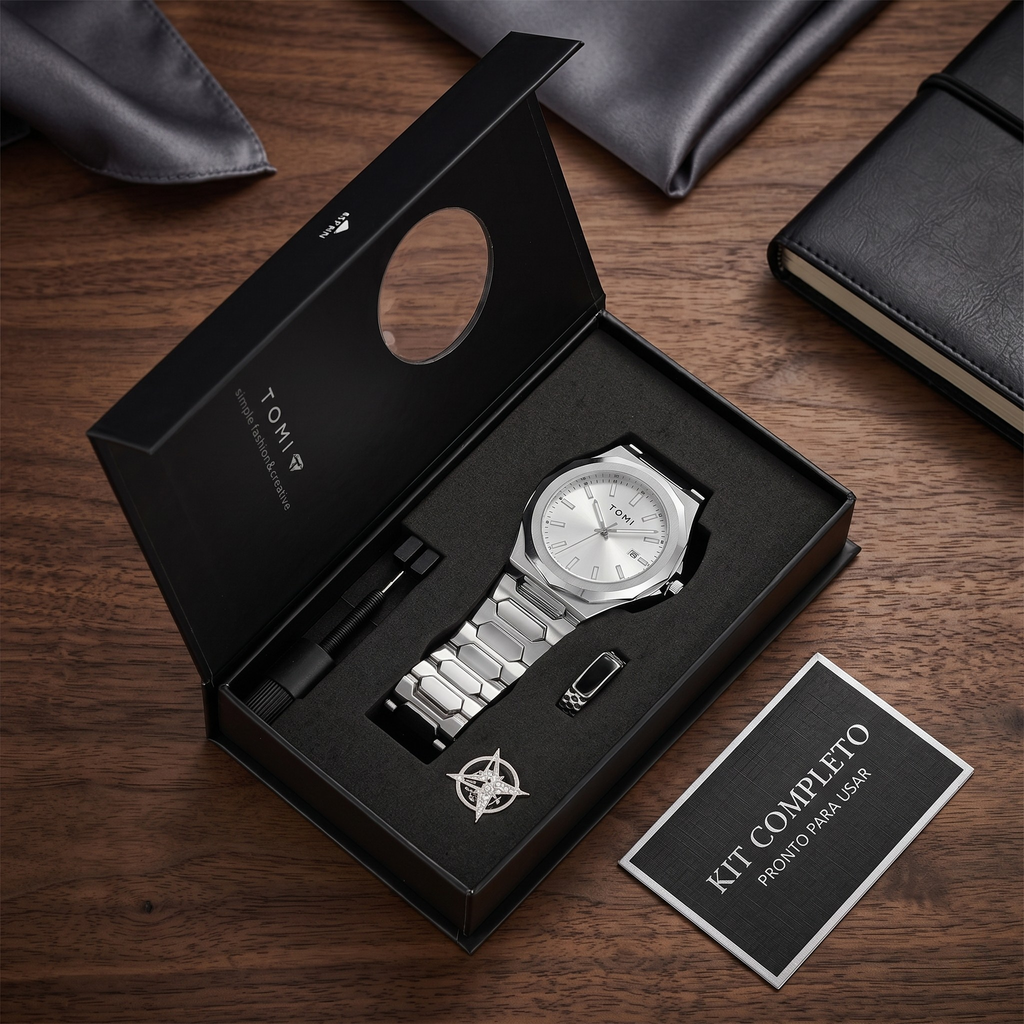 Kit TOMI Gold Edition - Relógio + Acessórios para um Visual que Impõe Presença