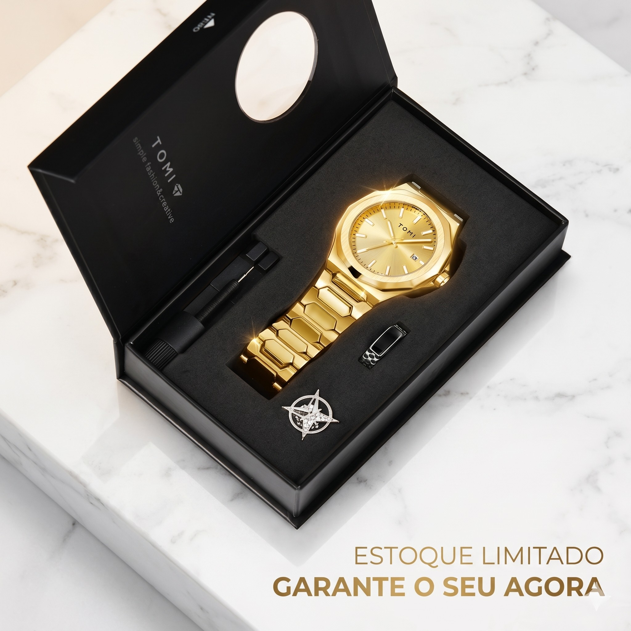 Kit TOMI Gold Edition - Relógio + Acessórios para um Visual que Impõe Presença