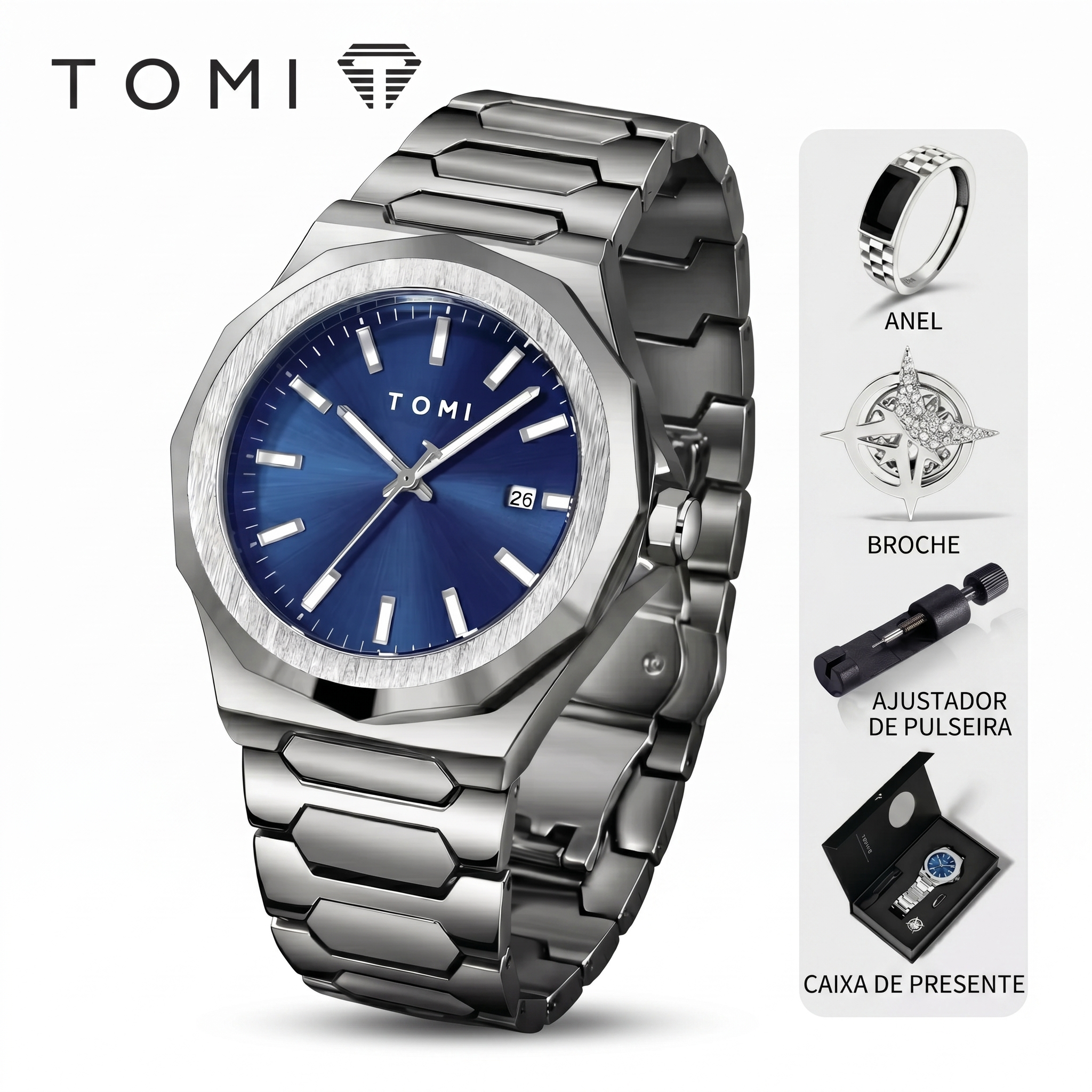 Kit TOMI Gold Edition - Relógio + Acessórios para um Visual que Impõe Presença