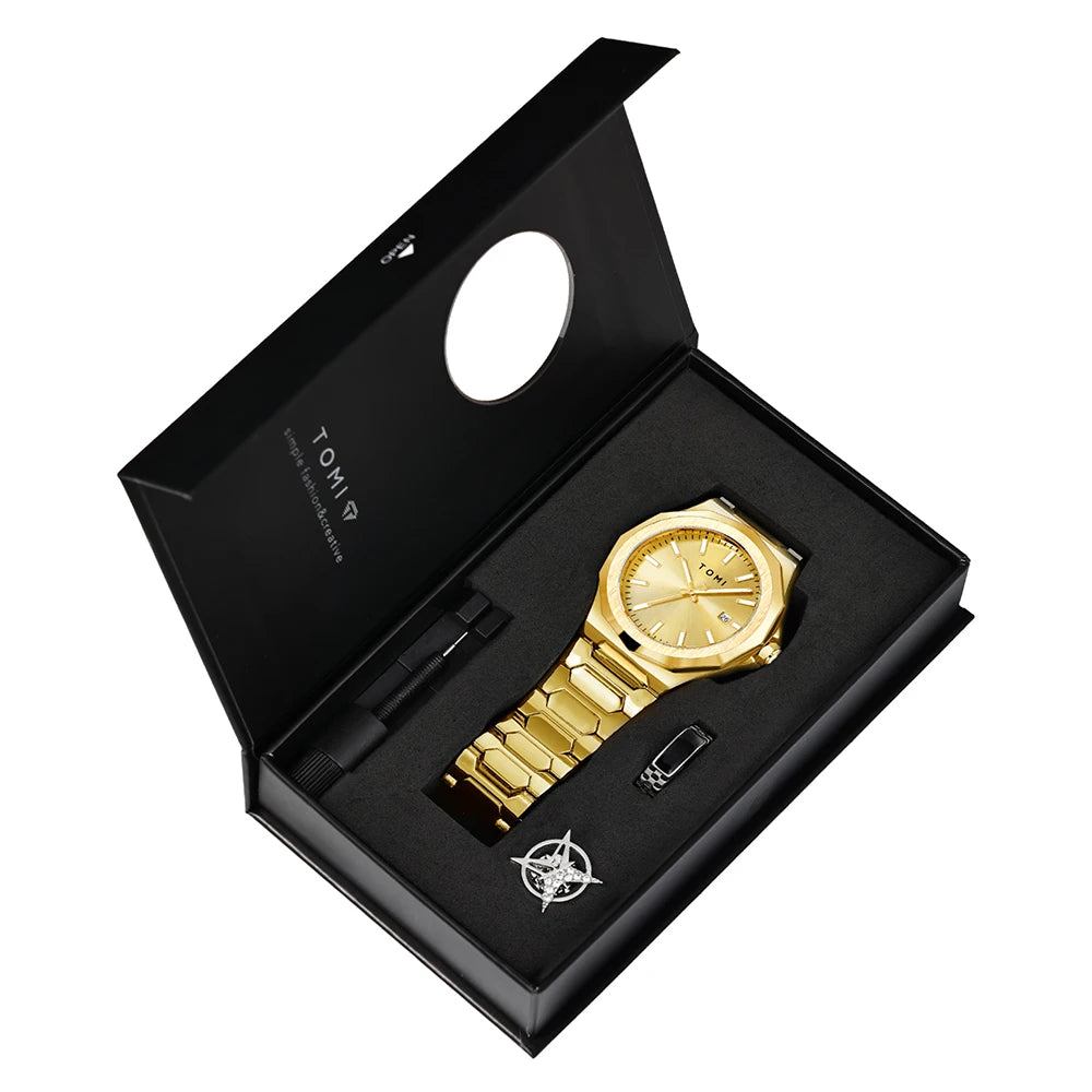 Kit TOMI Gold Edition - Relógio + Acessórios para um Visual que Impõe Presença