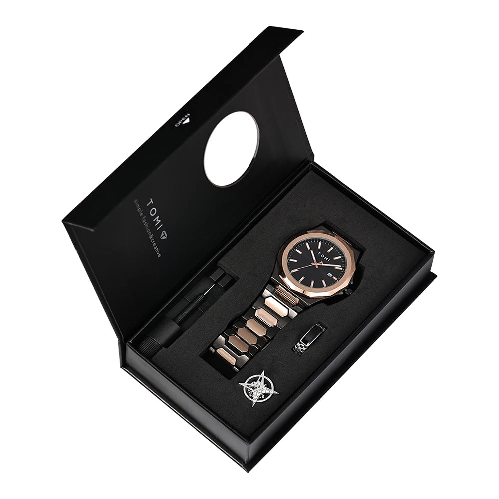 Kit TOMI Gold Edition - Relógio + Acessórios para um Visual que Impõe Presença